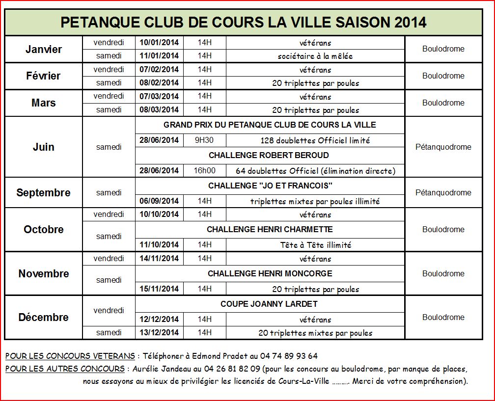Calendrier saison 2014 au pétanque club de Cours-la-ville Calendrier saison 2014 au pétanque club de Cours-la-ville