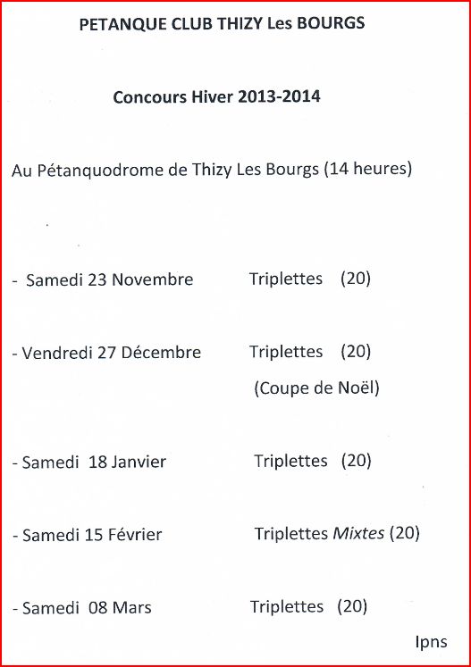 Concours Hivers 2013/2014 pétanque club Thizy les bourgs 