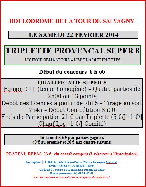 Concours triplette provençale super 8 samedi 22 février 2014