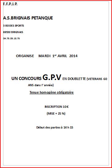 CONCOURS MARDI  1er AVRIL  2014    UN  G.P.V EN DOUBLETTE (VÉTÉRANS  60 ANS dans l’ année)