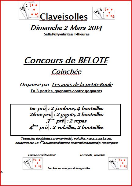 Concours de BELOTE Coinchée Dimanche 2 Mars 2014 Salle Polyvalente à 14heures