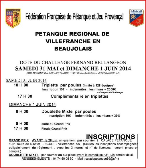 Régionale de Villefranche en Beaujolais samedi 31 mai et dimanche 01 juin 2014
