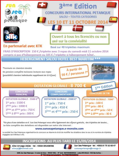 CONCOURS PETANQUE SALOU ESPAGNE OCTOBRE 2014-OFFRES PROMOS