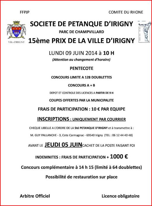 15 ème Prix de la ville d'Irigny lundi 09 juin 2014 à 10h00