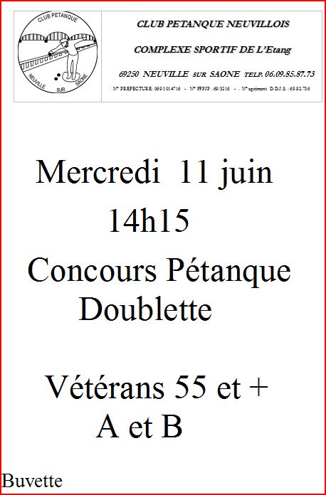 Concours Pétanque Doublette  Vétérans 55 et +   A et B Mercredi  11 juin  2014