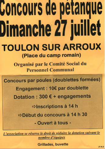 Concours pétanque TOULON sur ARROUX dimanche 27 juillet