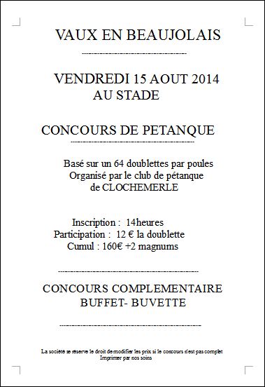 Concours de pétanque vendredi 15 août  2014      VAUX EN BEAUJOLAIS