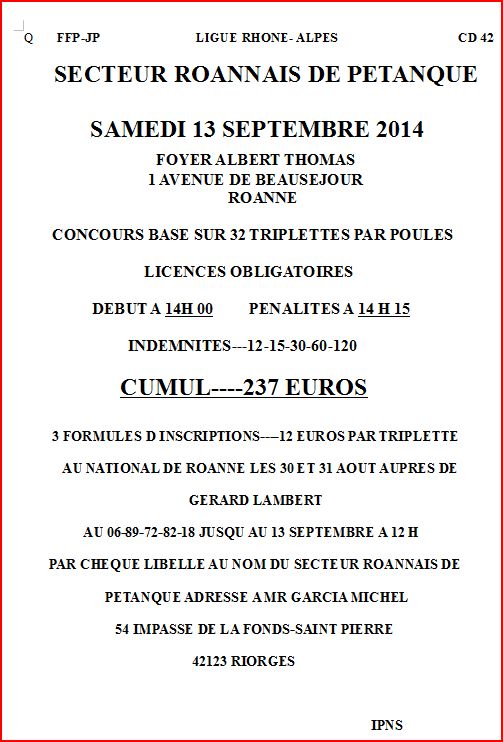 Concours Samedi13 Septembre 2014 FOYER ALBERT THOMAS  1 AVENUE DE BEAUSEJOUR  ROANNE