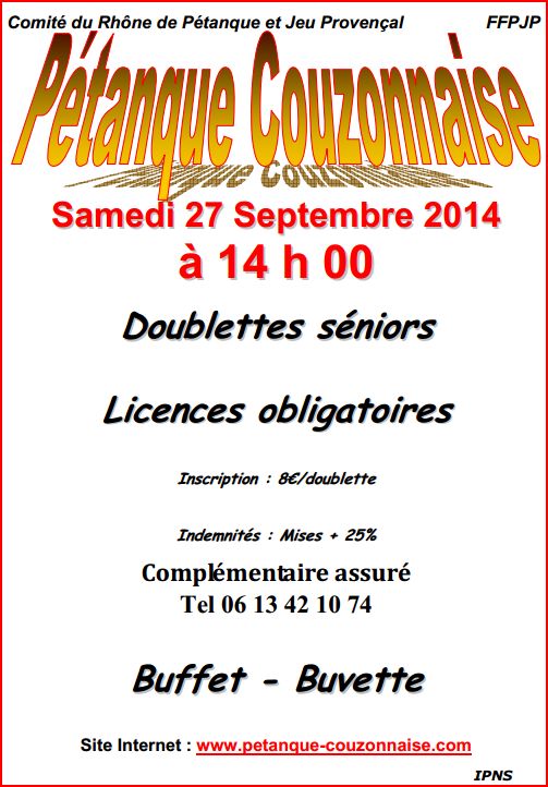 Concours doublettes séniors  samedi 27 septembre 2014 à Couzon