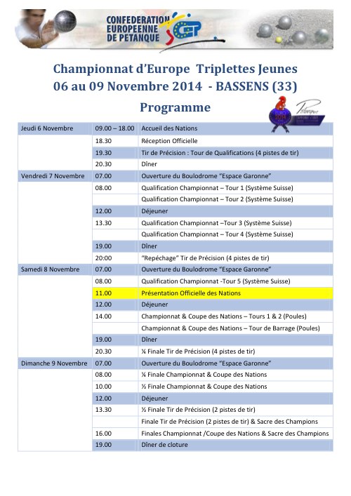 Les Championnats d'Europe Jeunes Triplettes Pétanque du 6 au 9 novembre 2014 à Bassens en Gironde.