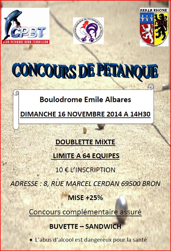 Concours doublette mixte Bron le dimanche 16 novembre 2014