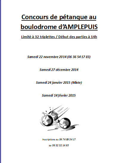 Concours de pétanque au boulodrome d’AMPLEPUIS Limité à 32 triplettes / Début des parties à 14h