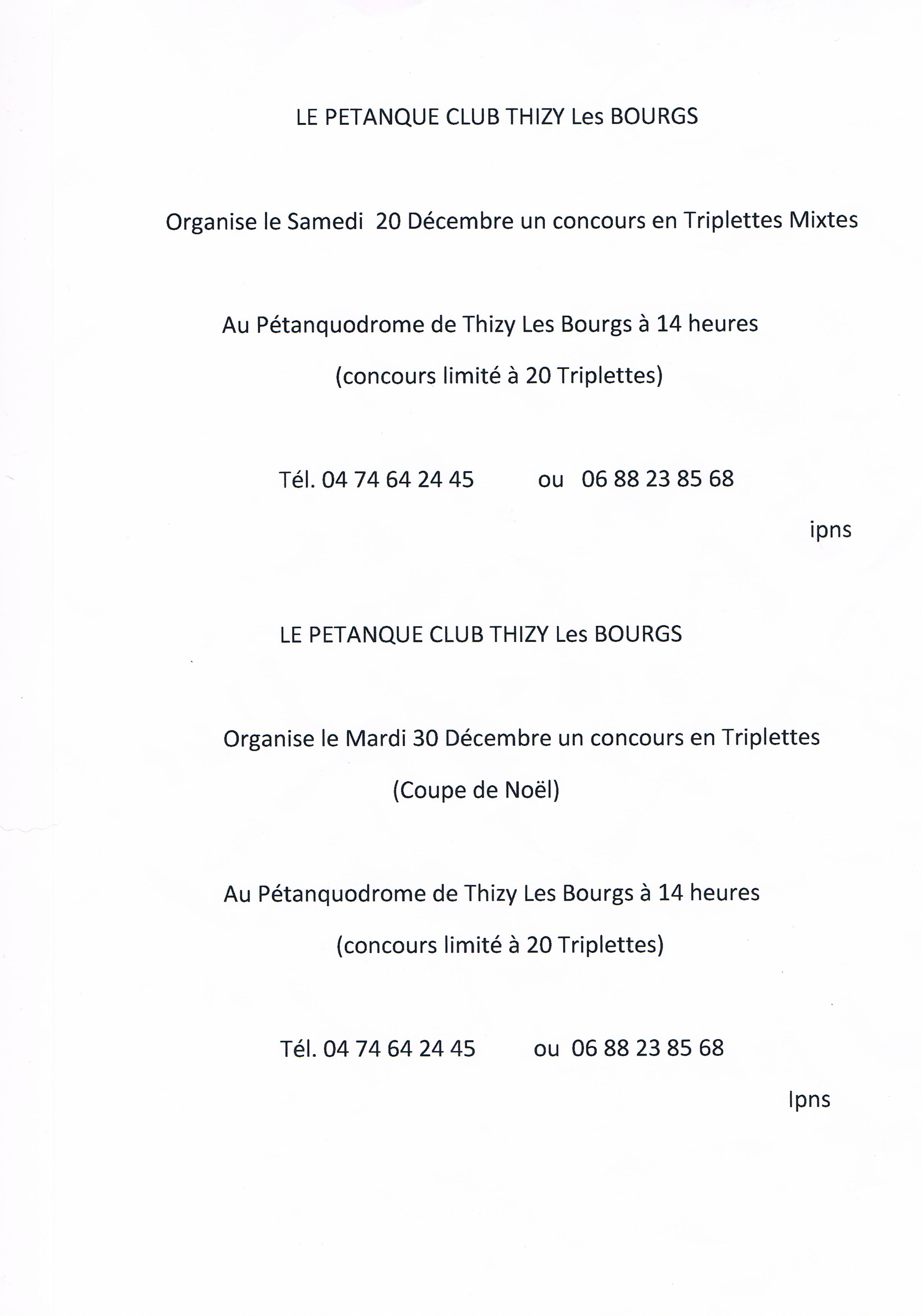 Concours du pétanque club de Thizy-les-bourgs  coupe de noël 2014