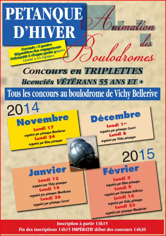 Calendrier concours d'hiver  triplette vétérans VICHY 2014 /2015 