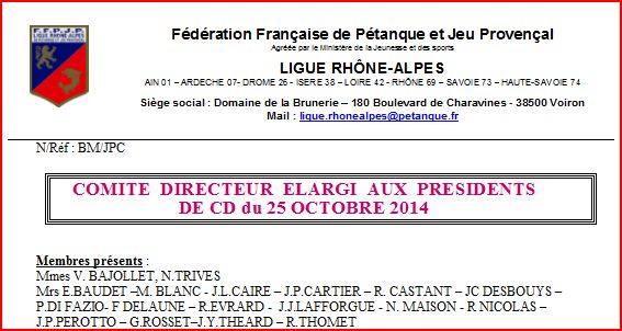 COMITÉ  DIRECTEUR  ÉLARGI  AUX  PRÉSIDENTS DE CD du 25 OCTOBRE 2014