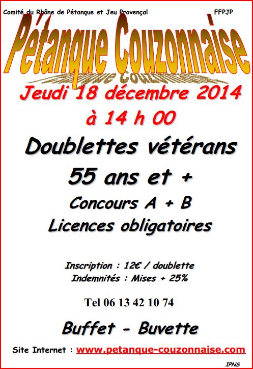 Concours Doublettes vétérans Jeudi 18 décembre 2014 Couzon au mont d'or