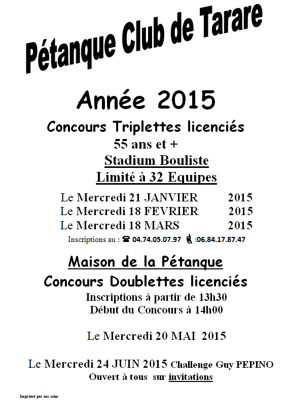 Concours Triplettes 2015  licenciés 55 ans et + Pétanque club Tarare