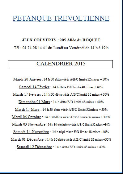 Calendrier 2015 du club de Trévoux