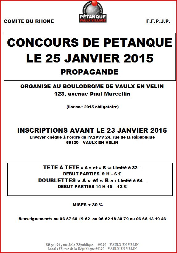 Concours boulodrome de L'ASPVV dimanche 25 janvier 2015