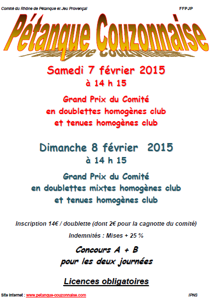 GPCom et GPMixt du samedi 7 et dimanche 8 février 2015 à Couzon