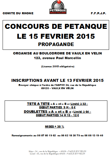 Concours de pétanque le dimanche15 février 2015 Vaulx en velin
