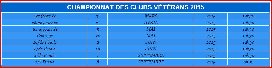 CALENDRIER DU CHAMPIONNAT DES CLUBS VÉTÉRANS 2015 CALENDRIER DU CHAMPIONNAT DES CLUBS VÉTÉRANS 2015