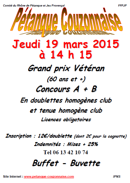 Concours Grand Prix Vétéran jeudi 19 mars 2015  à Couzon