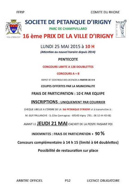 16ème Prix de la ville d'Irigny lundi 25 mai 2015 à 10h00