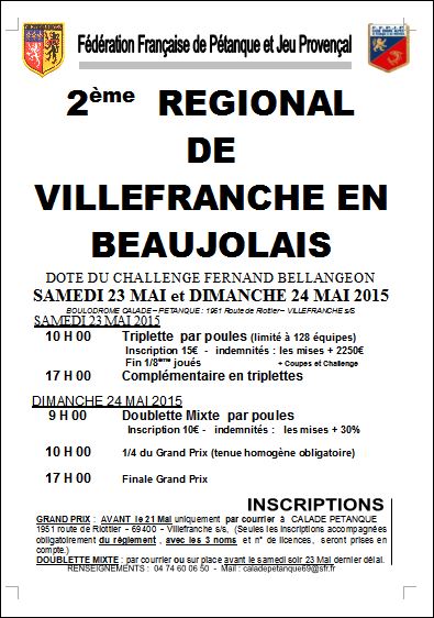 2ème Régional  de villefranche en Beaujolais samedi 23 et dimanche 24 mai 2015