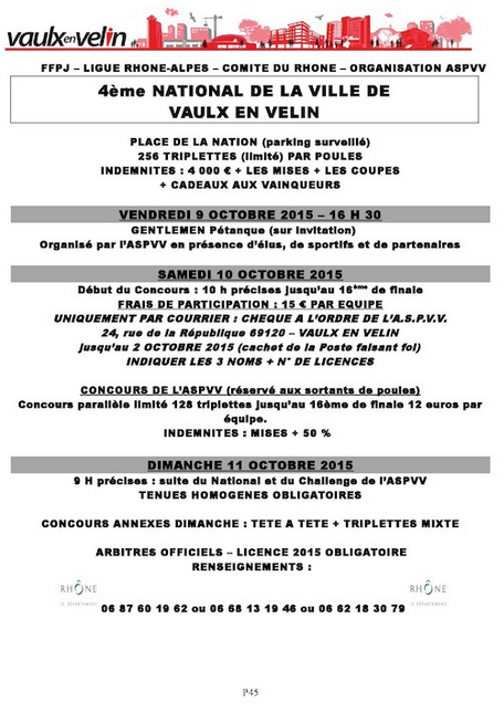 4ème National de la ville de Vaulx en velin du vendredi 09 octobre au dimanche 11 octobre 2015