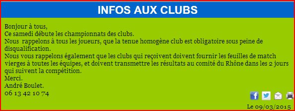 INFOS AUX CLUBS :  les championnats des clubs 2015