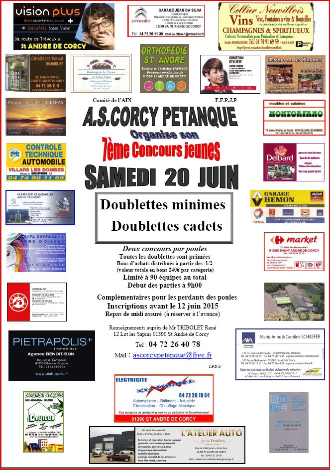 7éme CONCOURS  JEUNES  DE  L ’ A . S . CORCY  PÉTANQUE    COMITÉ DE L’AIN SAMEDI 20 JUIN 2015