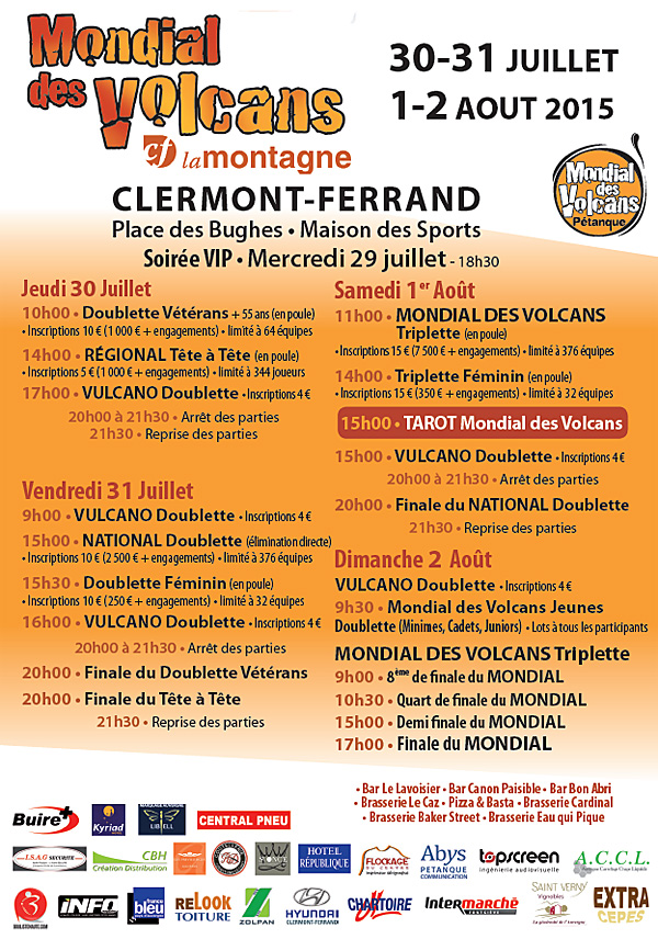 Mondial des Volcans  Clermont Pétanque Auvergne  du 30 juillet au 2 août 2015