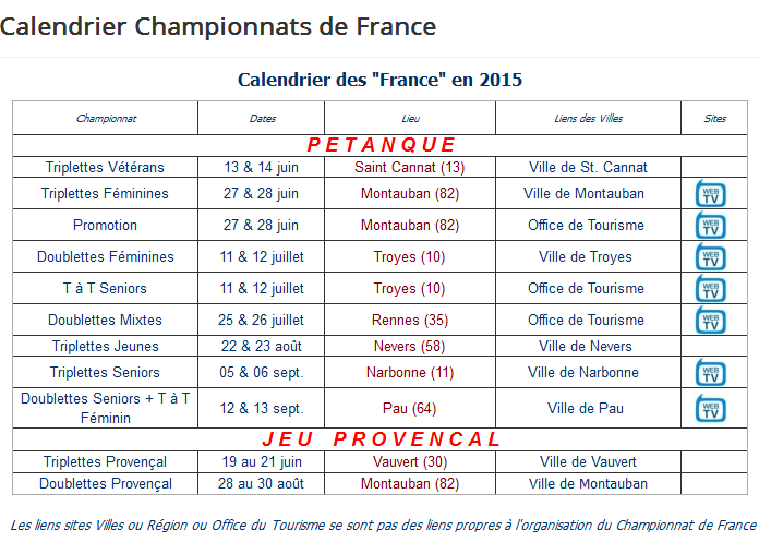 Calendrier Championnats de France 2015