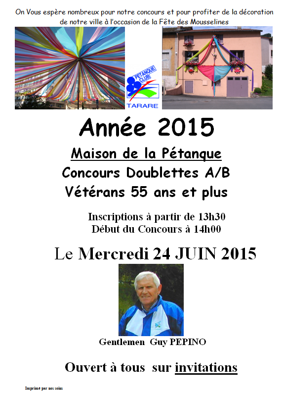 Concours vétérans 55 ans et plus à Tarare le mercredi 24 juin 2015
