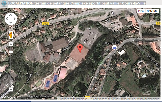 LOCALISATION terrain de pétanque Complexe sportif paul vallier Cours-la-Ville Championnat du Rhône triplette mixte 2015 LOCALISATION terrain de pétanque Complexe sportif paul vallier Cours-la-Ville Championnat du Rhône triplette mixte 2015