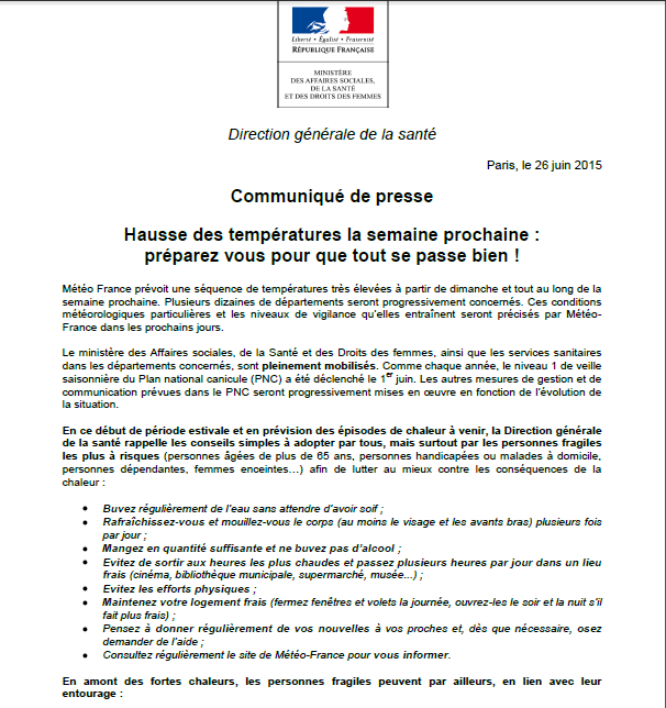 Communiqué de presse Hausse des températures la semaine prochaine : préparez vous pour que tout se passe bien !