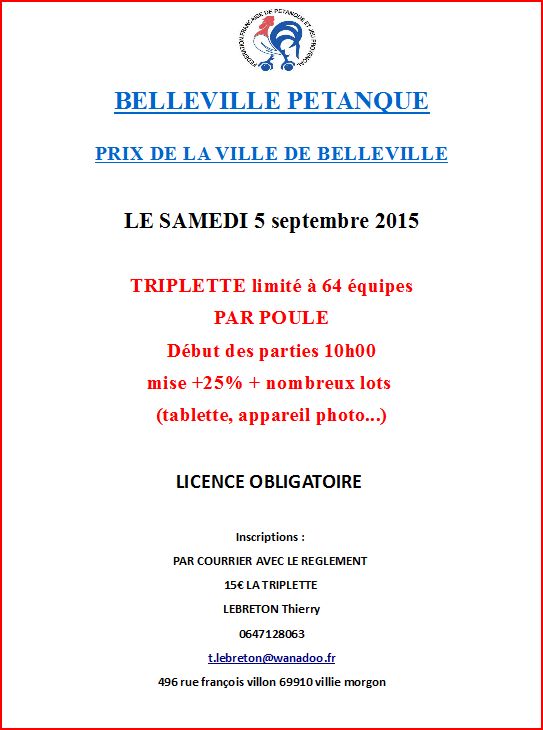 Annulation concours Belleville 18 juillet 2015 et  prix de la ville de Belleville du samedi 05 septembre 2015