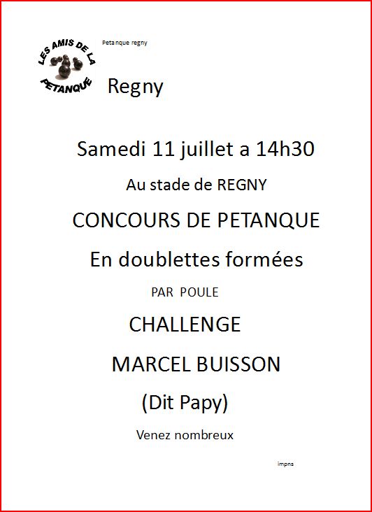 Concours Samedi 11 juillet 2015 à 14h30  CHALLENGE MARCEL BUISSON (Dit Papy)