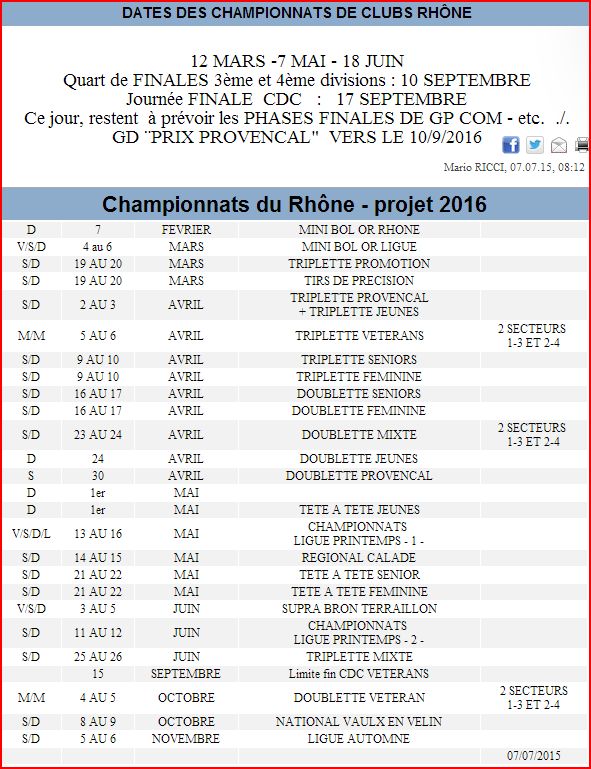 DATES DES CHAMPIONNATS DE CLUBS RHÔNE et Championnats du Rhône - projet 2016