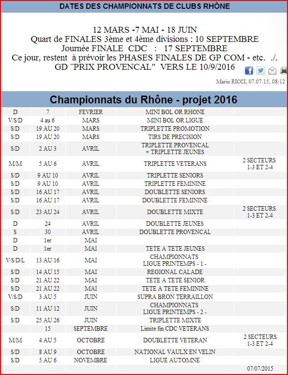 DATES DES CHAMPIONNATS DE CLUBS RHÔNE et Championnats du Rhône - projet 2016 DATES DES CHAMPIONNATS DE CLUBS RHÔNE et Championnats du Rhône - projet 2016