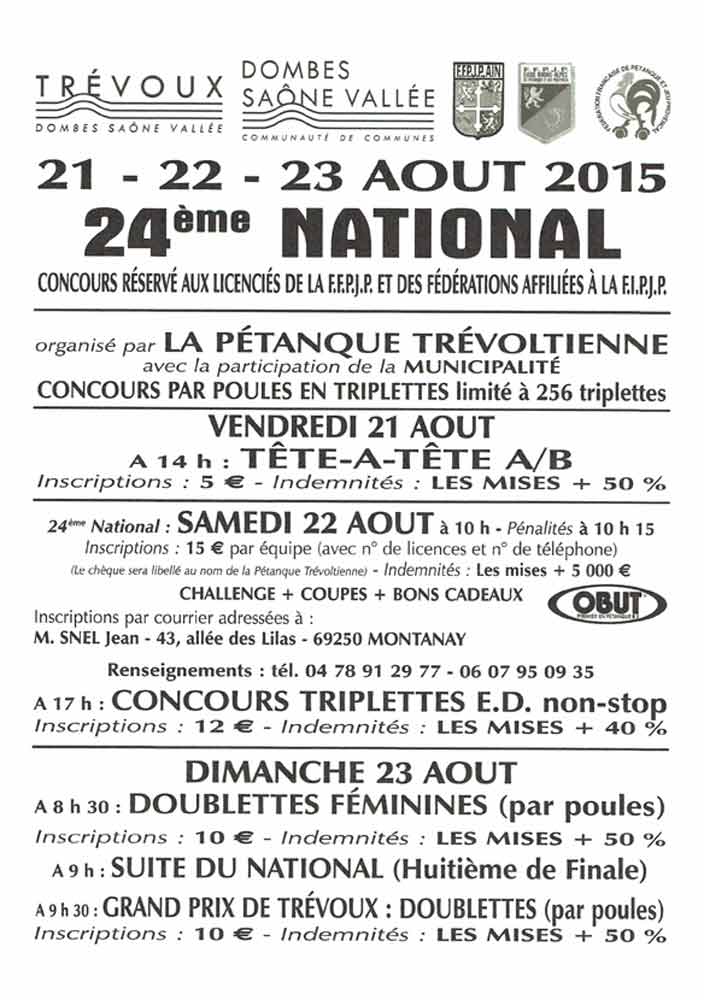 Concours National de TREVOUX du vendredi 21 août au dimanche 23 août 2015