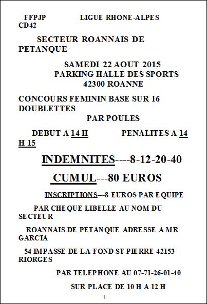 CONCOURS SAMEDI 22 AOUT 2015 PARKING HALLE DES SPORTS  42300 ROANNE  CONCOURS FEMININ BASE SUR 16 DOUBLETTES