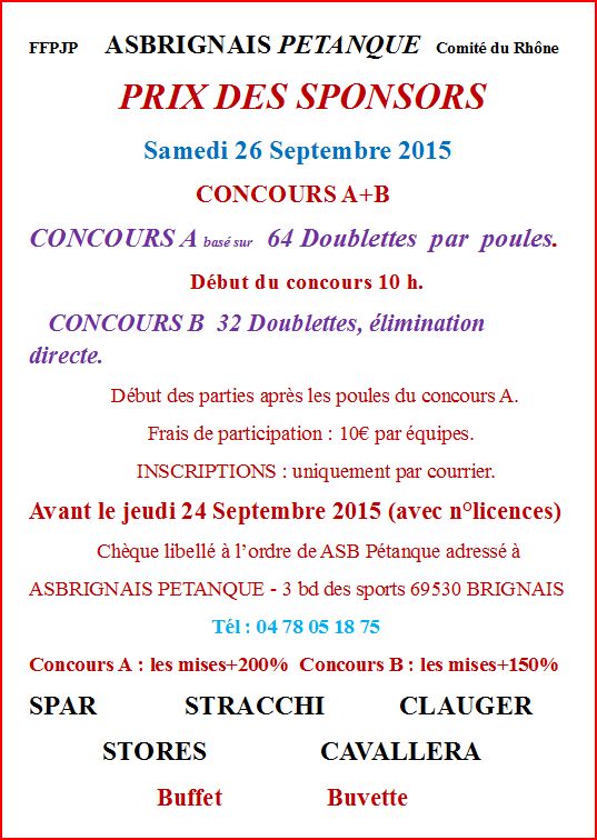 Concours Prix des Sponsors le samedi 26 septembre 2015