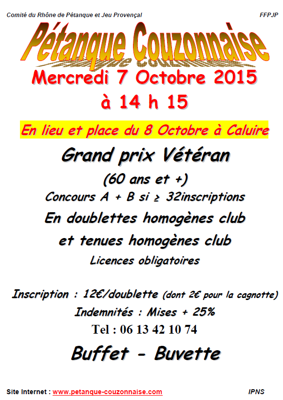 Concours GPVétéran du mercredi 7 octobre 2015 à Couzon