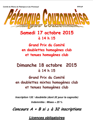 Concours GPCOM ETGPMIXT du samedi 17 et dimanche 18 octobre 2015 à Couzon