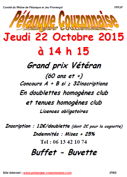 Concours GPvétérans à Couzon le jeudi 22 octobre 2015 Concours GPvétérans à Couzon le jeudi 22 octobre 2015