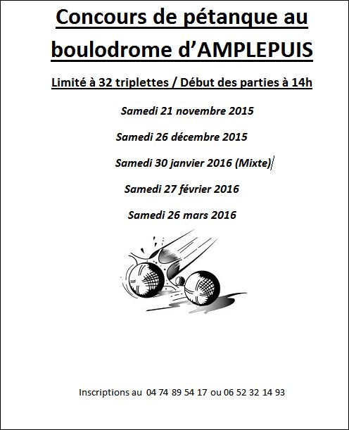 Concours de pétanque d’AMPLEPUIS au boulodrome 2015/2016 Concours de pétanque d’AMPLEPUIS au boulodrome 2015/2016