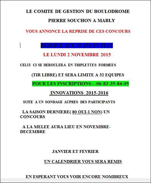 Concours lundi 02 novembre 2015 à Mably Boulodrome Concours lundi 02 novembre 2015 à Mably Boulodrome