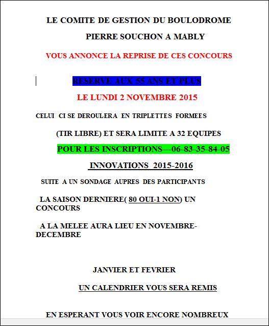 Concours lundi 02 novembre 2015 à Mably Boulodrome